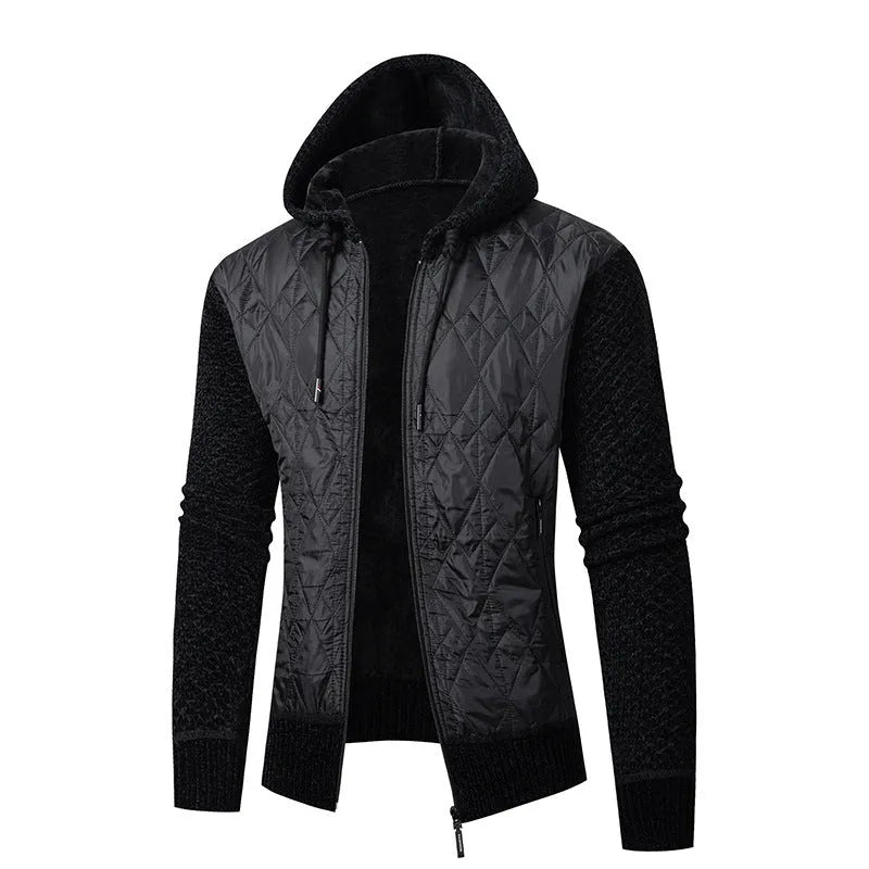 Men's grey hooded corduroy cardigan coat with a cinched waist, shown on a model.