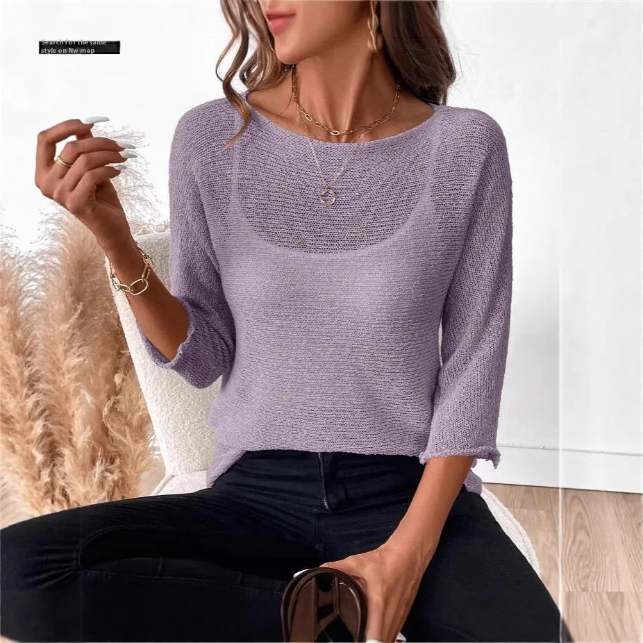 Women's thin knitted off-shoulder overall with 3D pattern and three-quarter sleeves in light blue