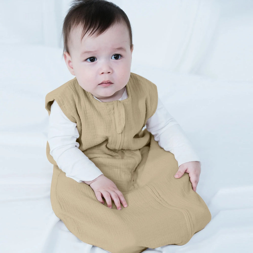 Baby sleeveless gauze sleeping bag in khaki with pure cotton lining, 70cm length for 0-18 months