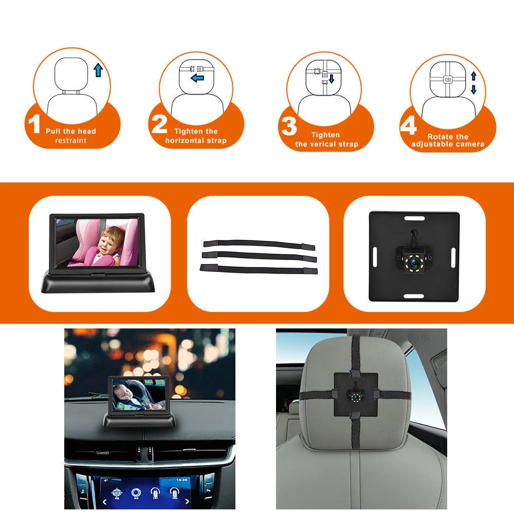Black 4.3-inch car baby monitor with folding screen and rear view camera on a car dashboard