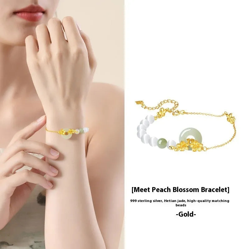 Pure silver peach blossom safety buckle bracelet in new Chinese style for women