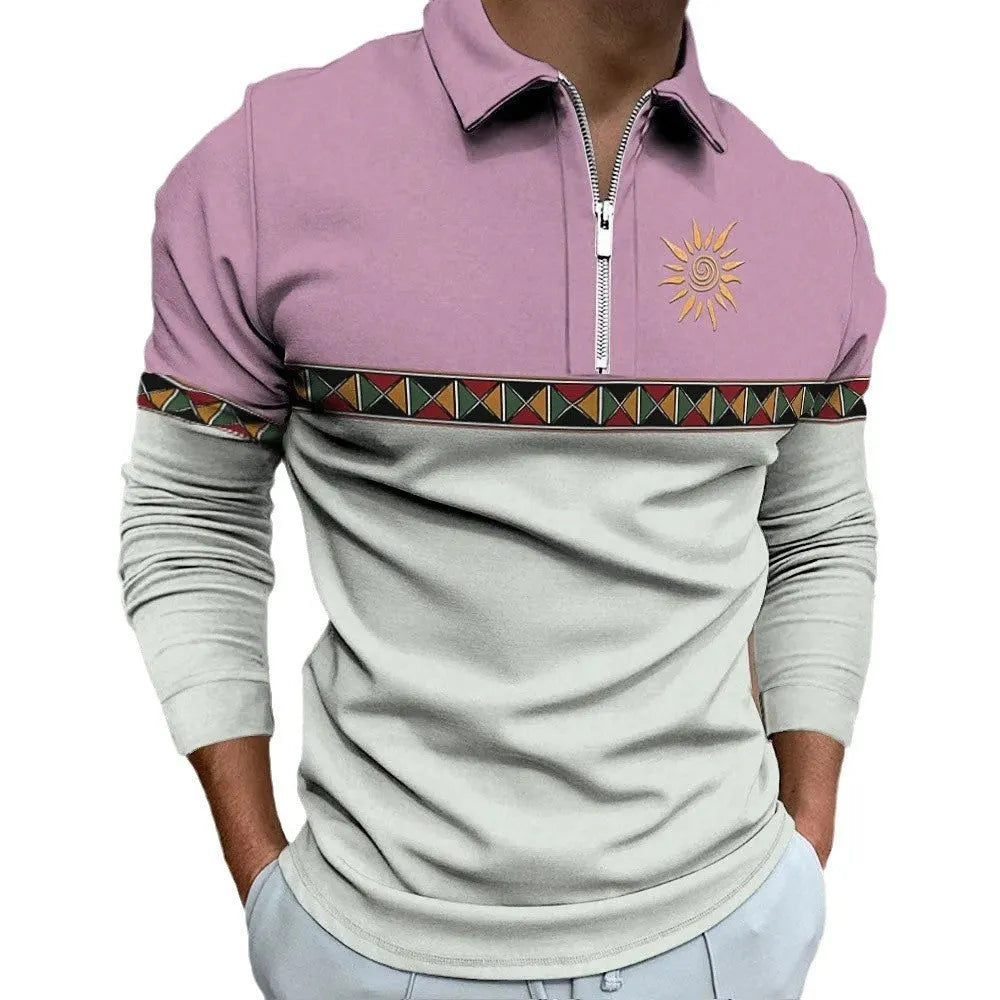 Man wearing a loose-fit, long-sleeve t-shirt with retro colour stripes and zipper decorations.