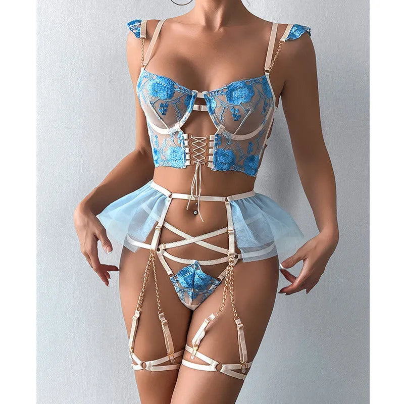 Light blue embroidered lace push up bra set with transparent mesh detailing