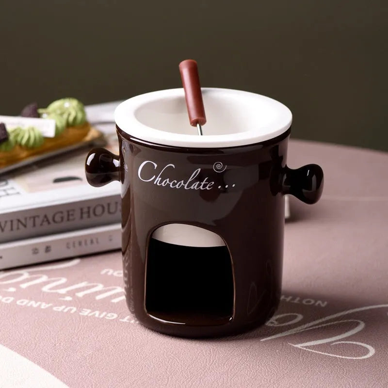 Ceramic binaural hot pot cup in red with wooden handle and candle for melting chocolate