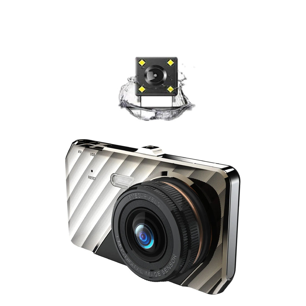 4 inch touch screen dual lens dash cam showing front and rear camera positions