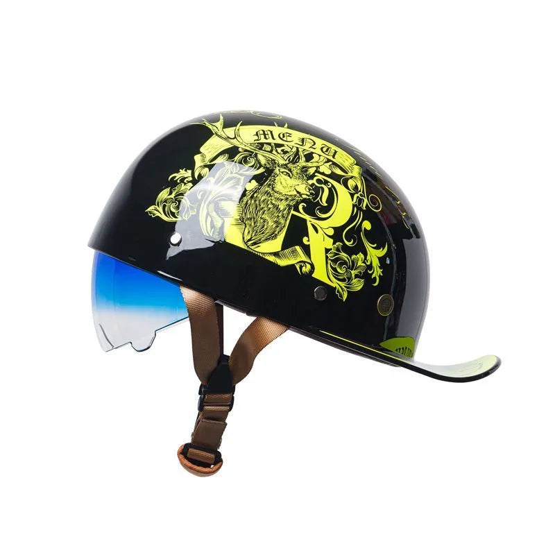 Men's retro half bicycle helmet in Bright Black Gradient Blue colour with a matching tinted lens.