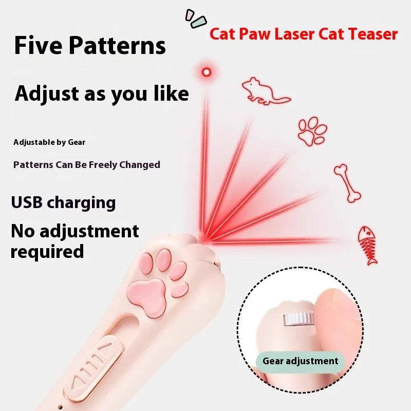 Pink USB-rechargeable cat toy base with a long white feather rotating on a wand, placed on a wooden floor.