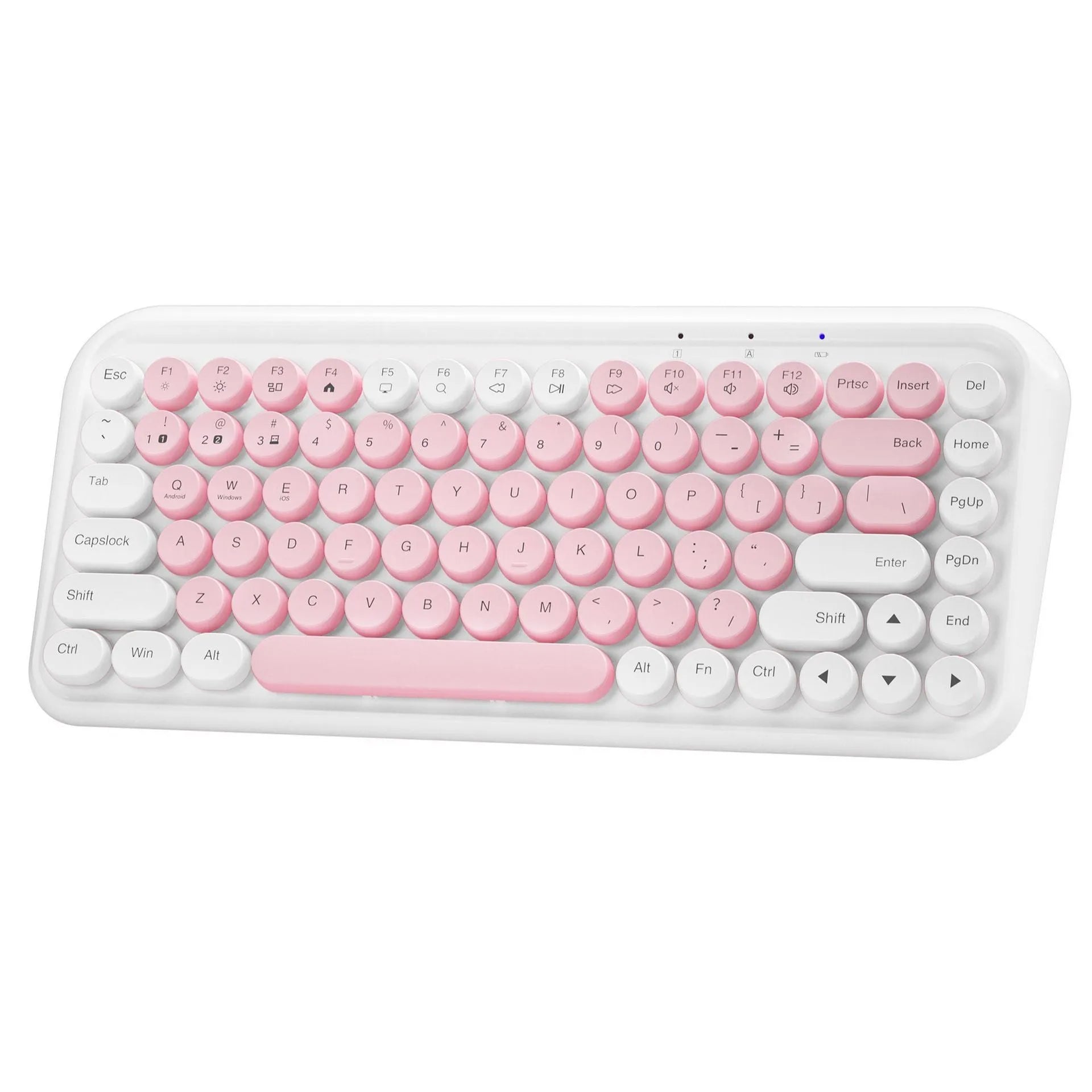 Pink Bluetooth keyboard with 84 quiet mechanical keys in compact wireless design