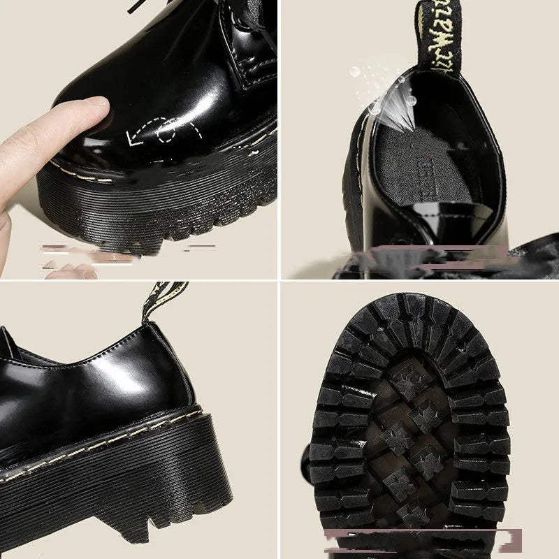 Women's black thick-soled leather shoes with ribbon and cross-strap details on a white background.