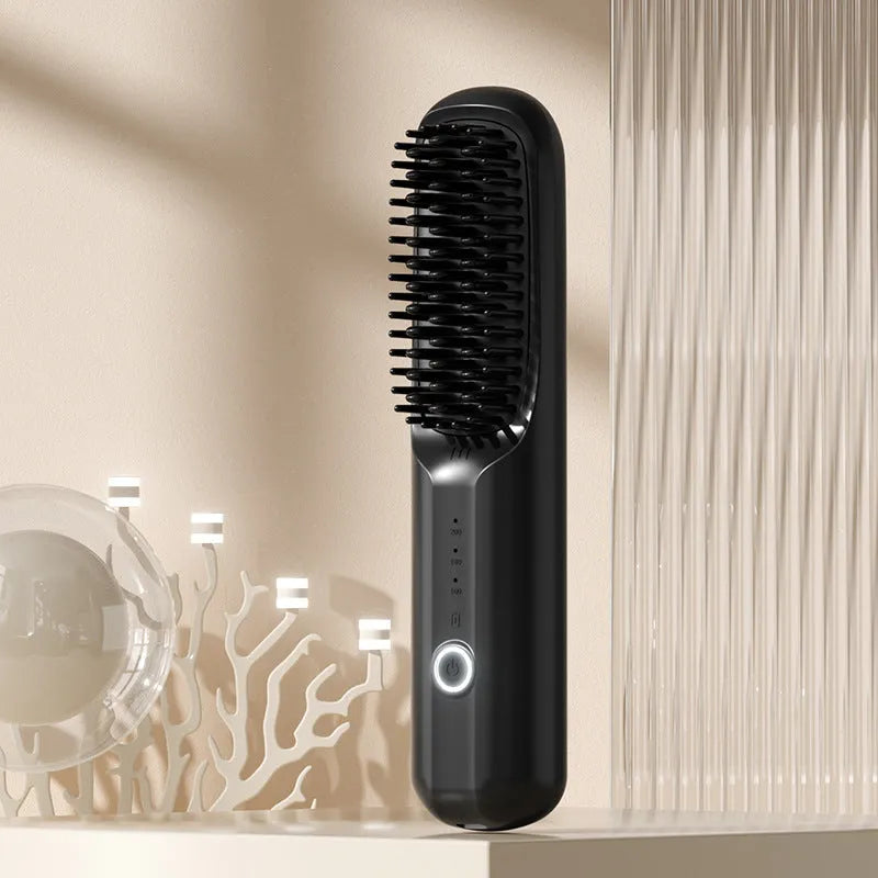 Beige wireless anion straight comb for hair styling on a table