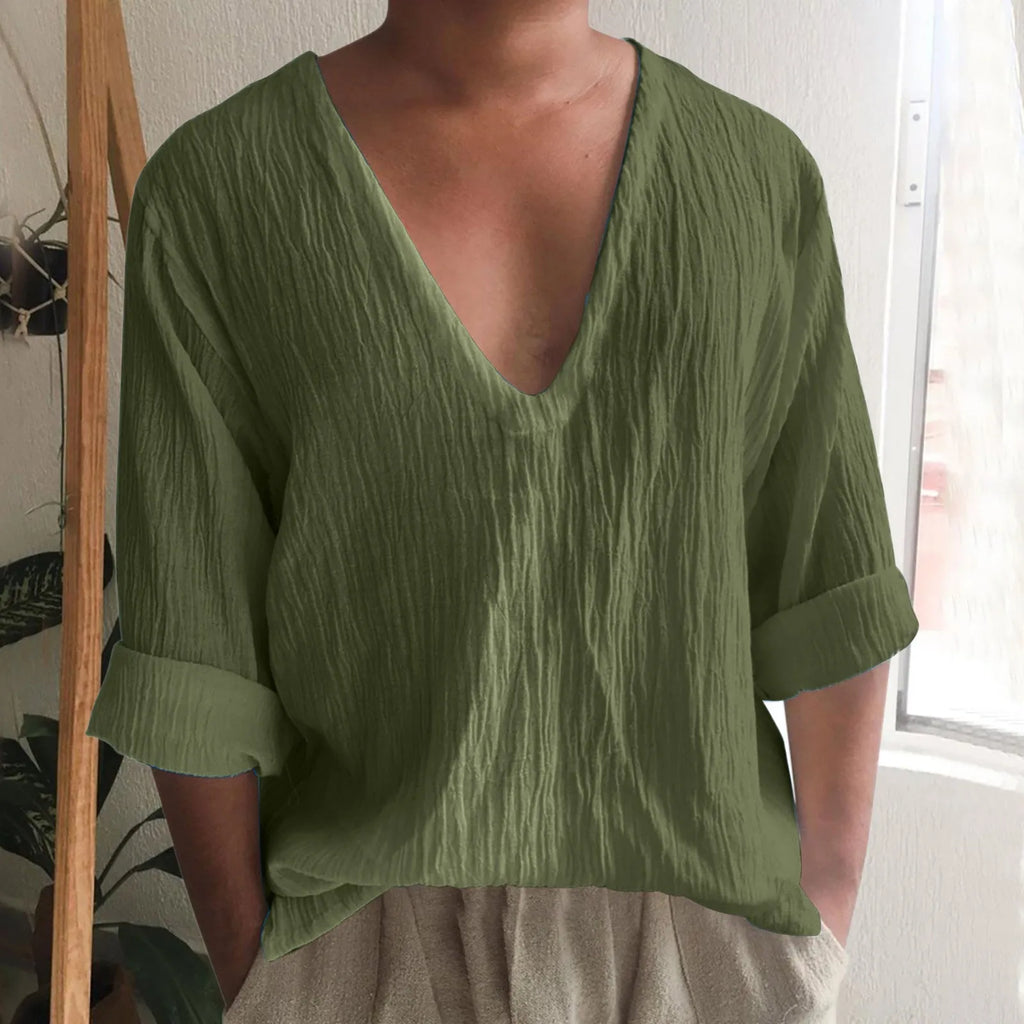 Men's long sleeve V-neck washed cotton t-shirt in solid colour with British styling