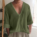 Men's long sleeve V-neck washed cotton t-shirt in solid colour with British styling