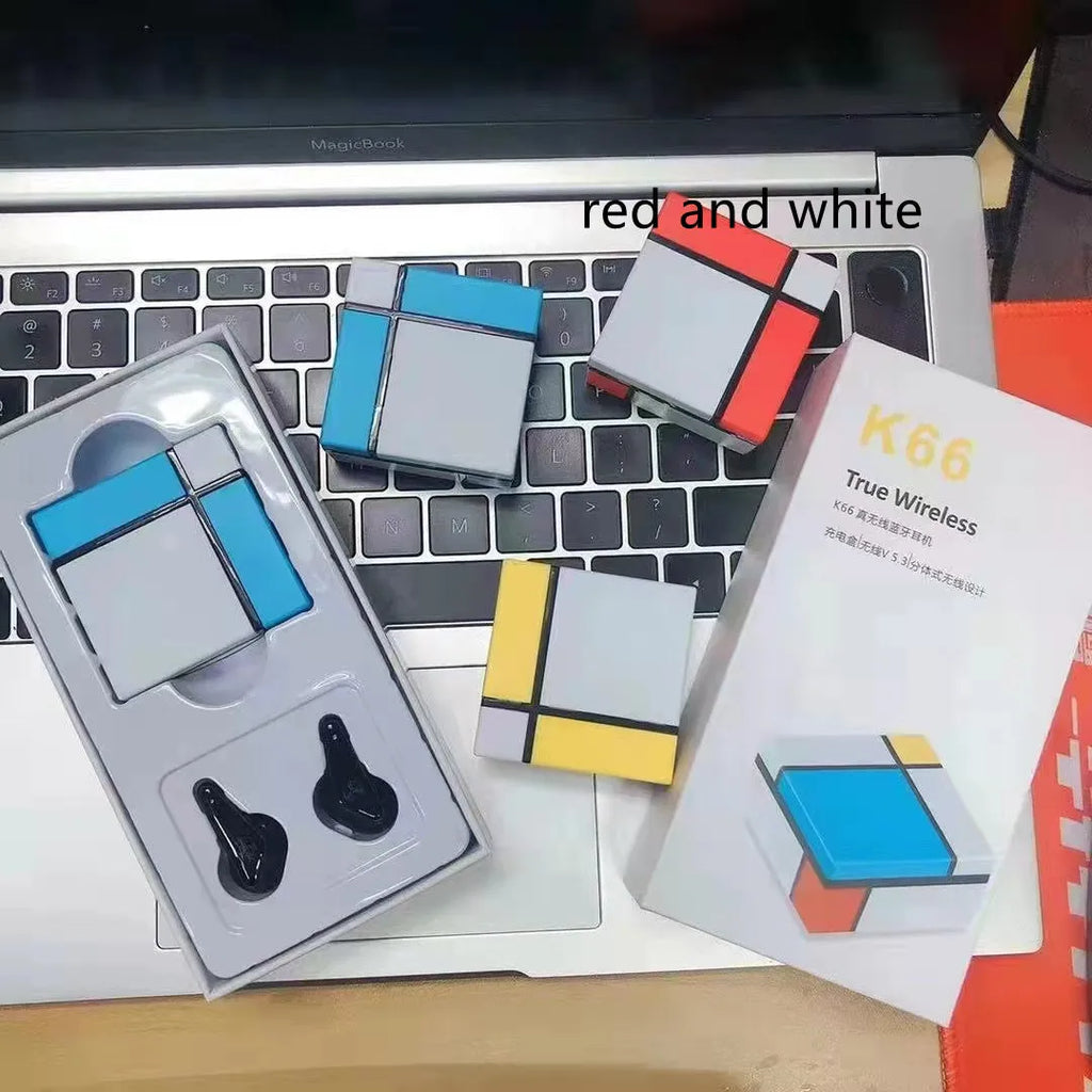Blue and white wireless gaming earbuds with digital display showing battery level and Bluetooth icon.
