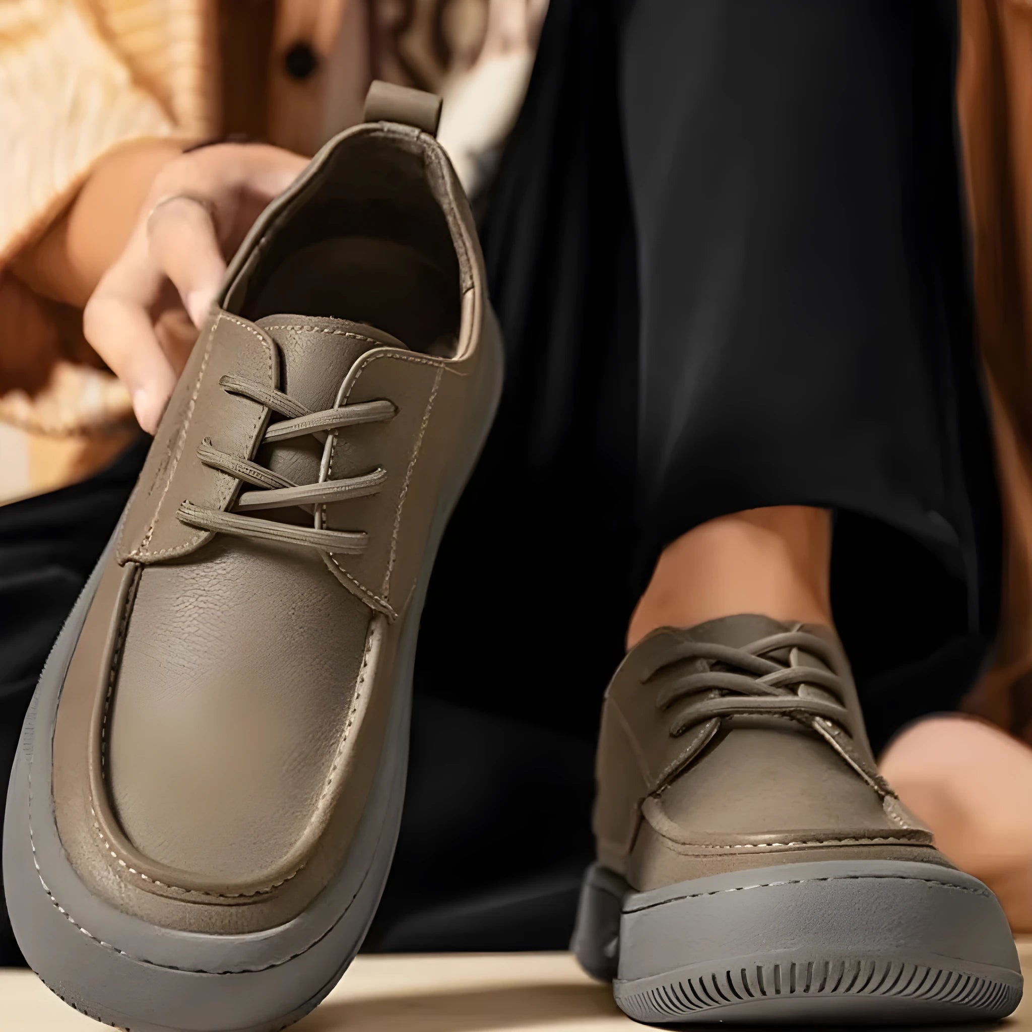 Brown retro casual leather shoes with big toe design and stitching, shown on a white background.