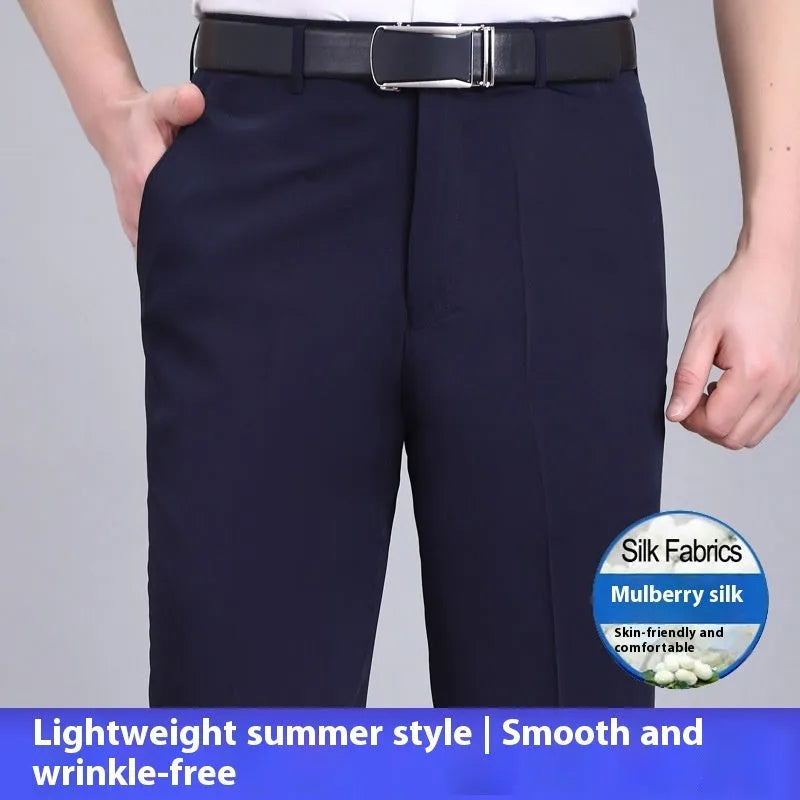 Men's straight cut mulberry silk blend business trousers in dark blue colour with high waist design