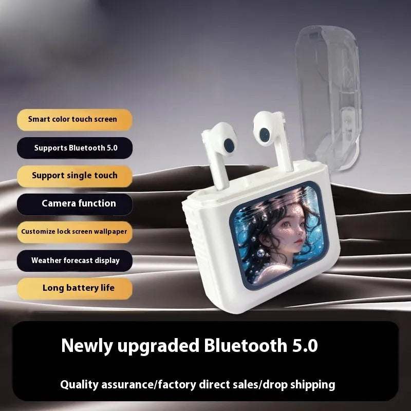 White and grey in-ear wireless Bluetooth headset with active noise cancellation and a colour screen.