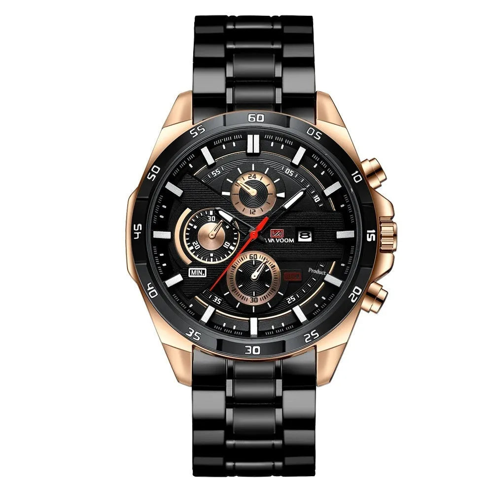 Men's black leather strap watch with rose gold case and calendar window on dial.