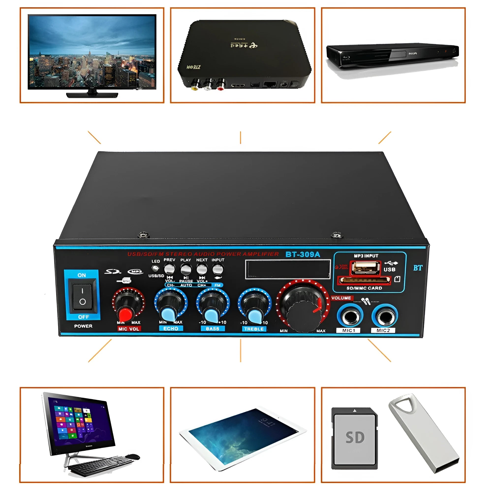 BT-309A-A black power amplifier with Bluetooth and recording functions for home and car audio
