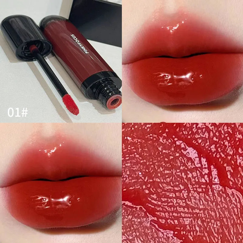 Black Shiny Makeup Mirror Lip Lacquer in six matte colour options including tomato, orange brown, and rose shades