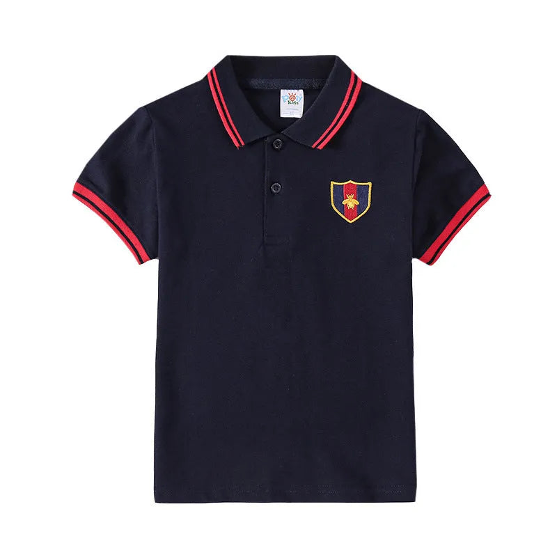 Boys' short sleeve cotton T-shirt with lapel collar in solid colours for ages 3-8 years