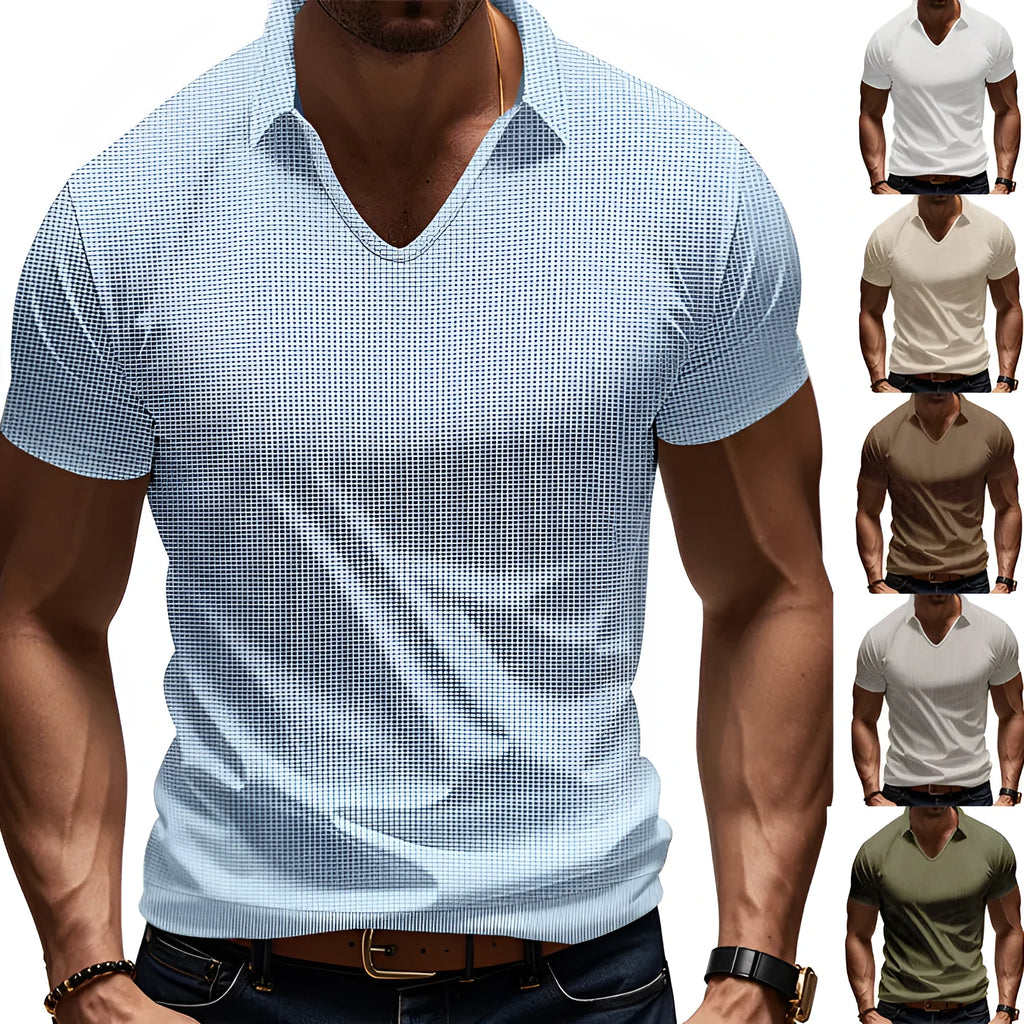 Men's loose fit V-neck short sleeve T-shirt in a light blue solid colour.