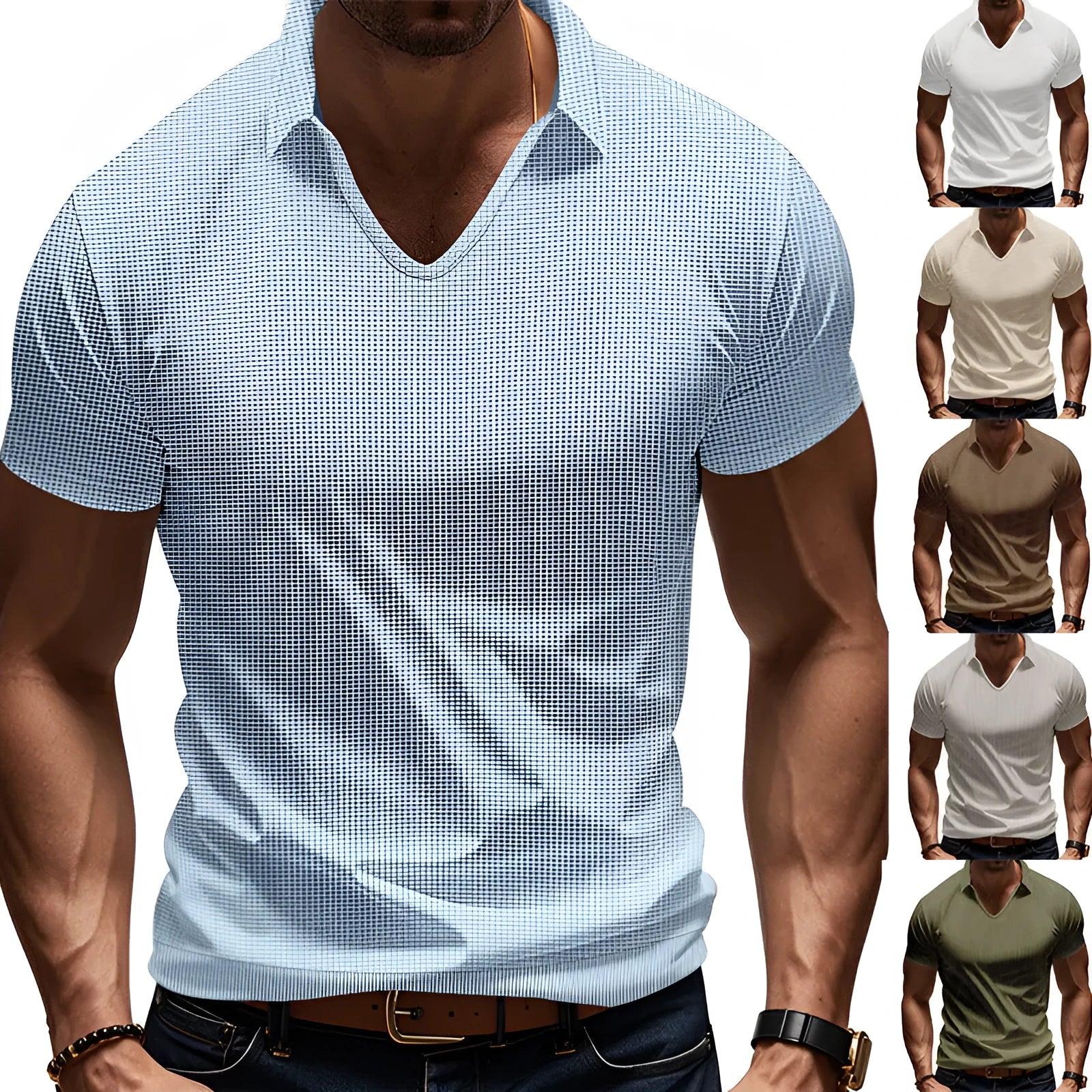 Men's loose fit V-neck short sleeve T-shirt in a light blue solid colour.