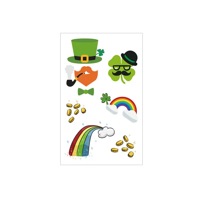 St. Patrick's Day green clover temporary tattoo sticker on paper sheet for children's faces.