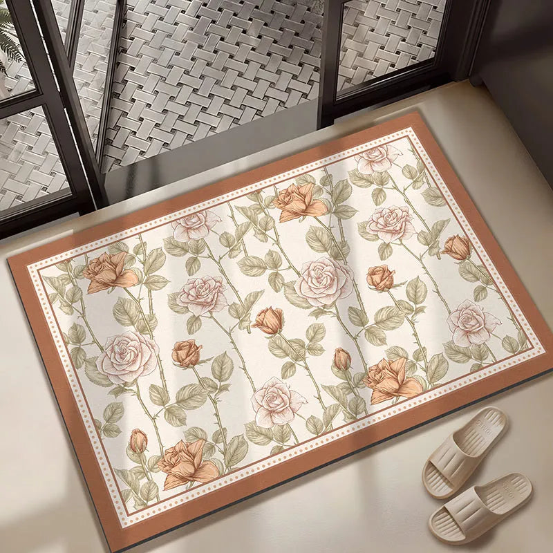 Diatomaceous earth absorbent bath mat 50x80cm in beige with anti-slip surface on bathroom floor