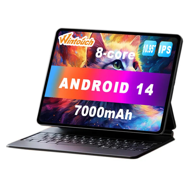 10-inch bare metal blue tablet with leather keyboard case on a desk