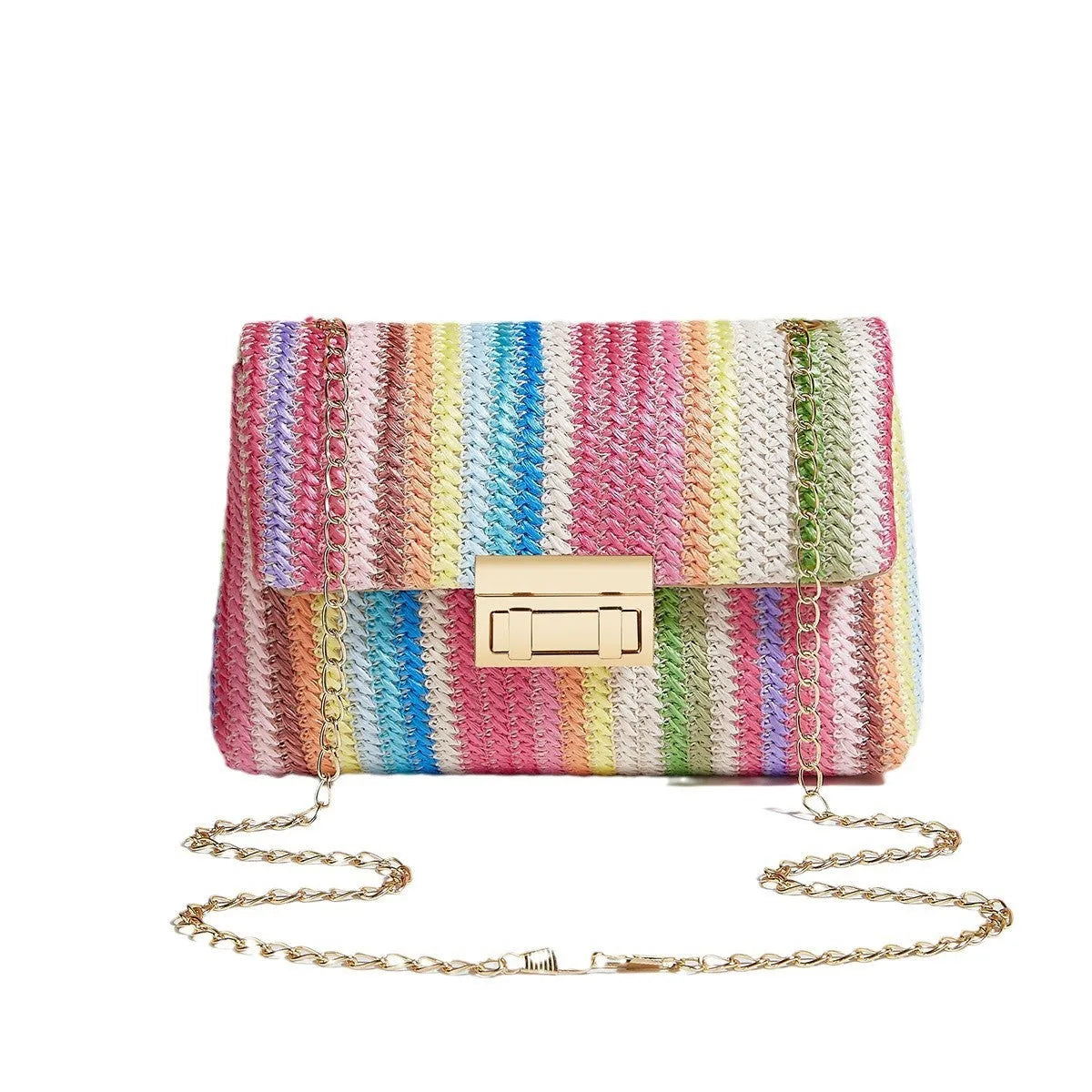Women's straw cross-body bag with lock closure in rainbow colour option
