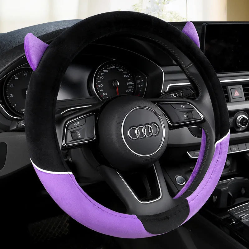 Plush cartoon steering wheel cover in black grey colour, designed for most car models, with soft fabric texture