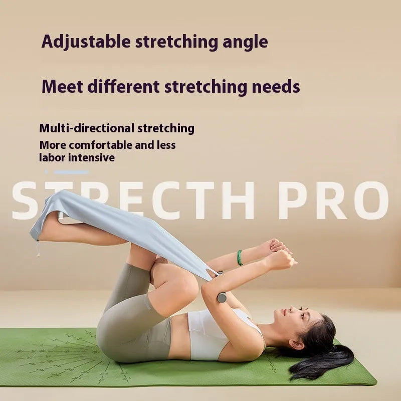 Grey and pink yoga stretching tool with iron frame and rubber grips for shoulder and back flexibility.