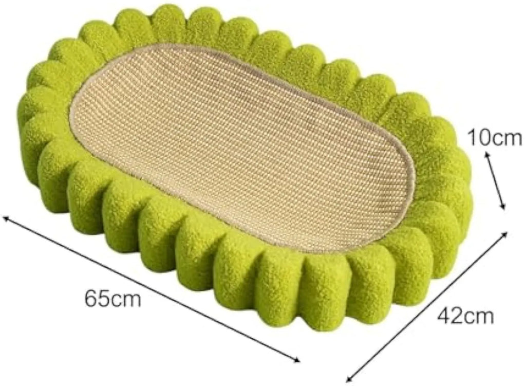 Green oval cat scratch pad bowl with sisal surface measuring 65cm