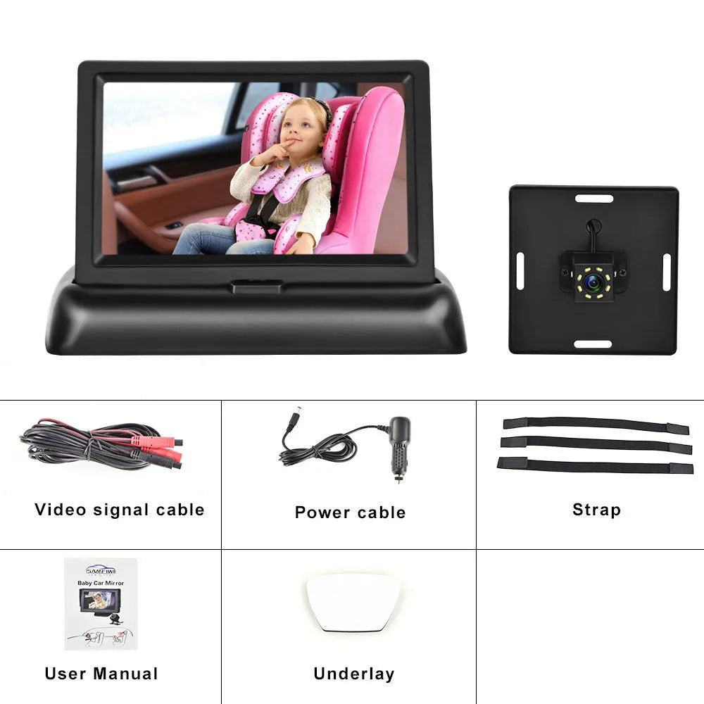 Black 4.3-inch car baby monitor with folding screen and rear view camera on a car dashboard