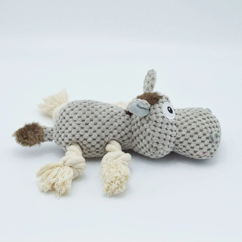 Grey donkey plush dog toy with creak sound mechanism, measuring 27×20×9.5 cm