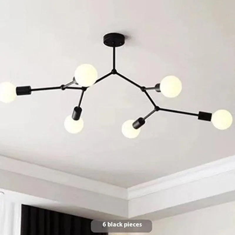 Nordic-style black iron ceiling chandelier with multiple light bulbs