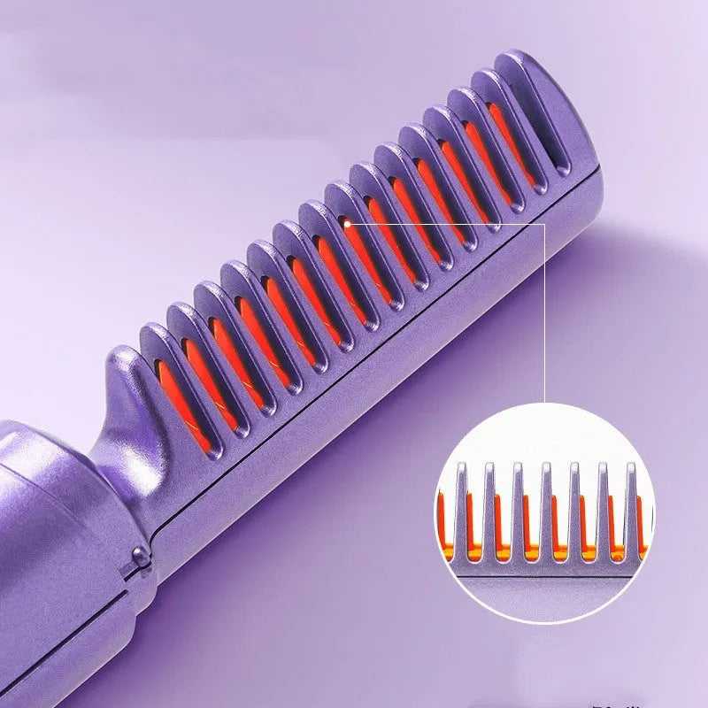 Cordless hair straightener brush with ceramic coating, available in purple, green, and pink, showing compact design