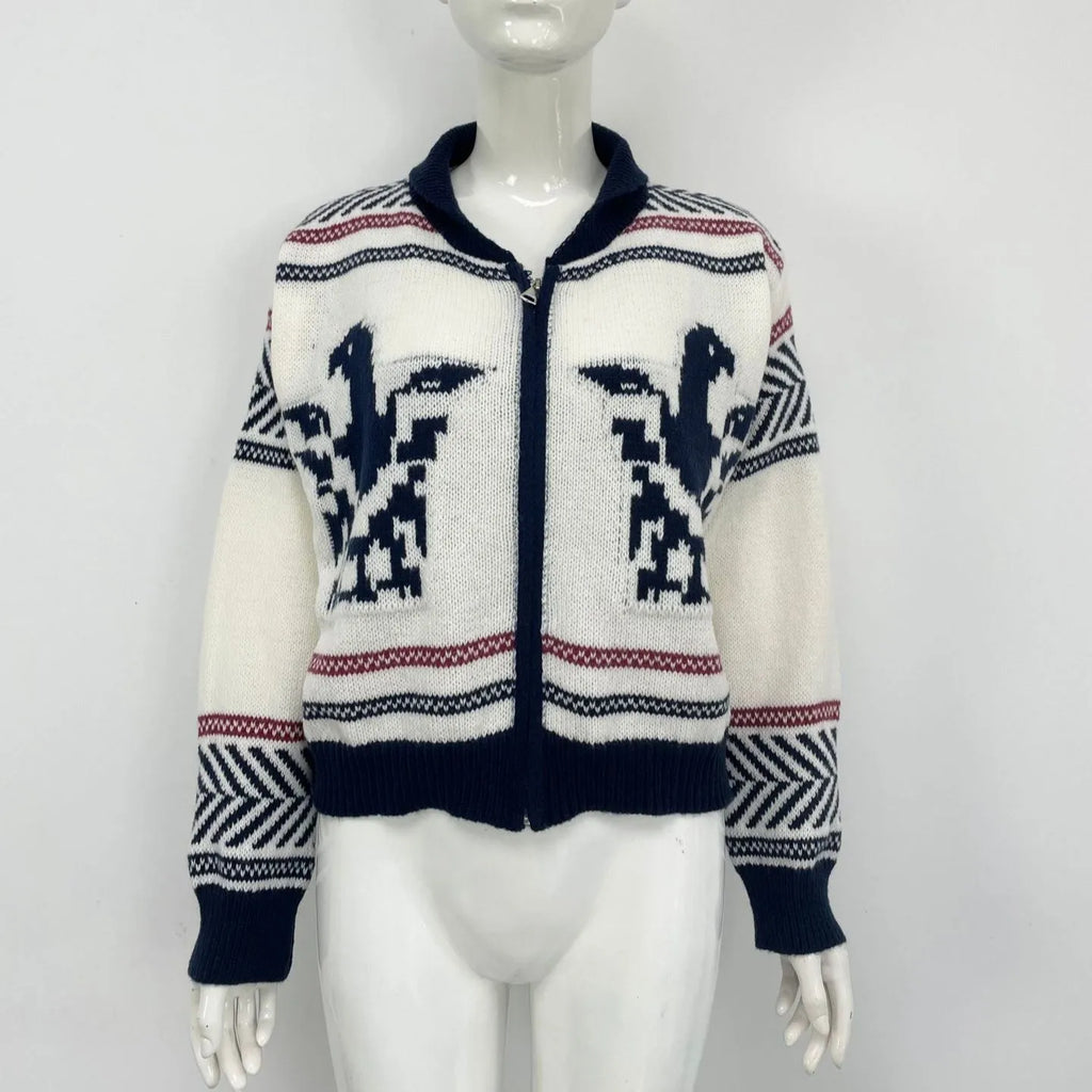 White women's zip-front cardigan with a lapel collar and jacquard knit pattern.