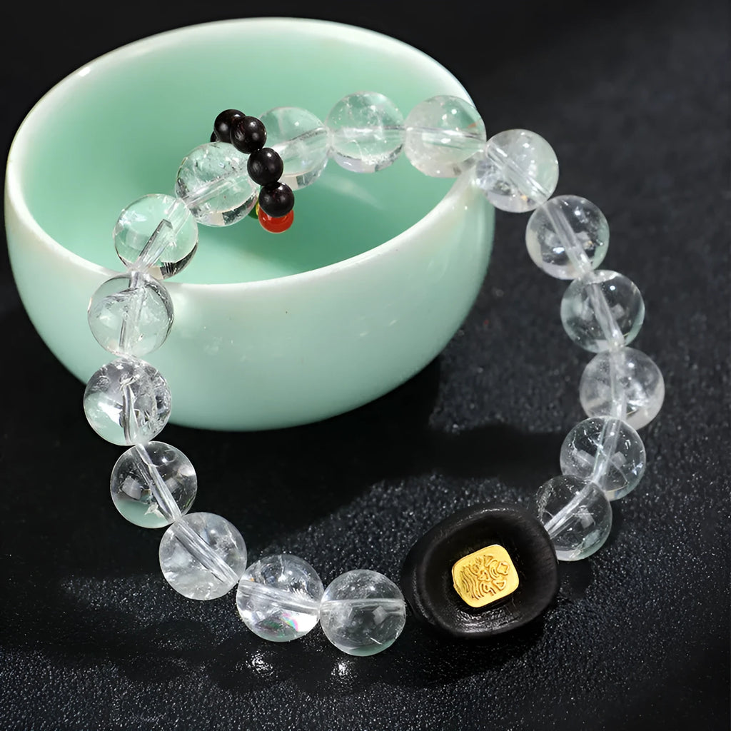 Natural white crystal ebony five warp bracelet showing handmade ethnic design with wood and crystal materials