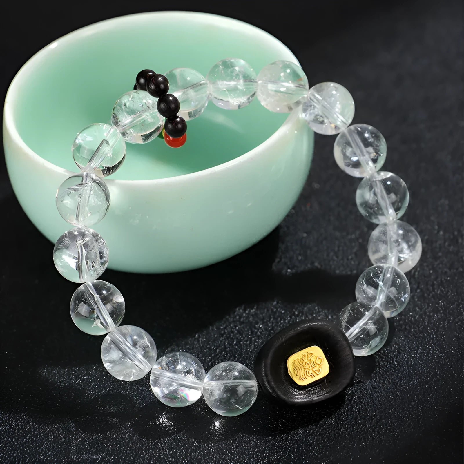 Natural white crystal ebony five warp bracelet showing handmade ethnic design with wood and crystal materials