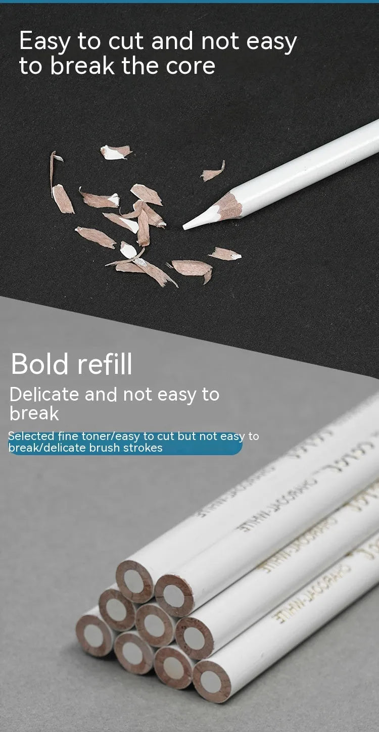 Three white charcoal sketching pencils with wooden barrels in a set.