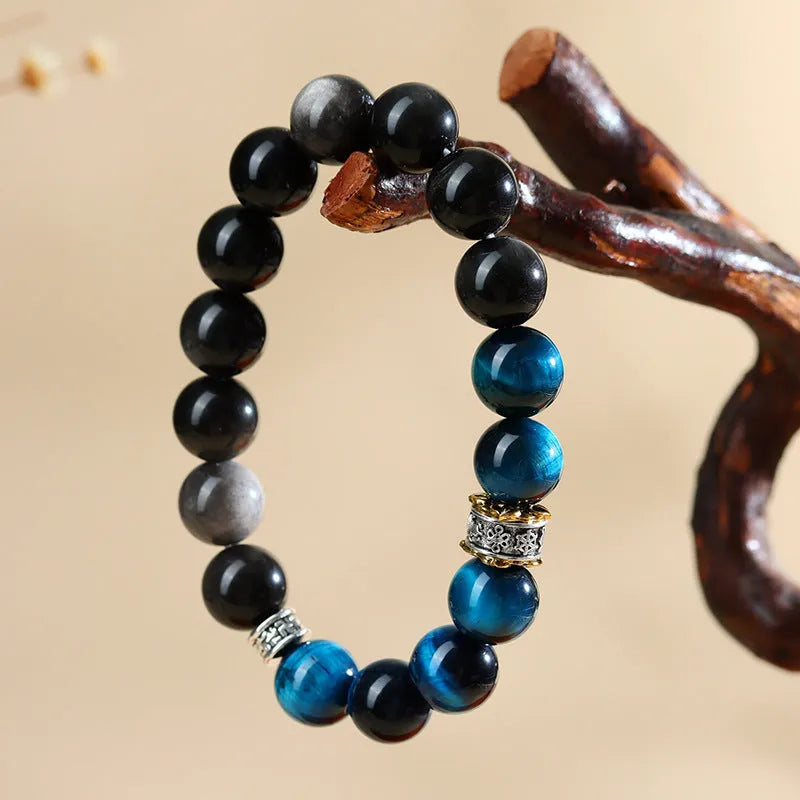 Natural peacock blue Tigereye silver stone bracelet with geometric round design