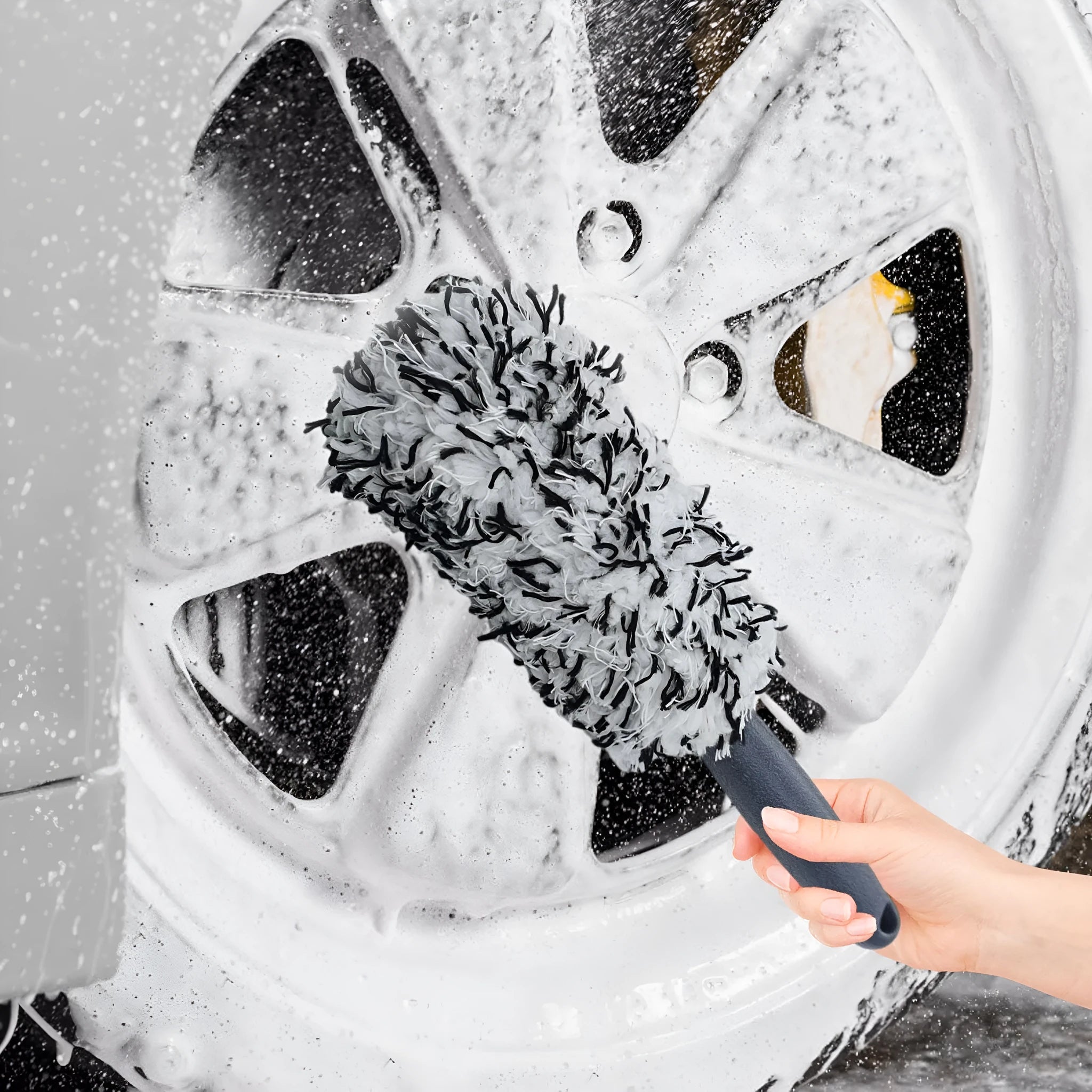 Long handled car wash brush with ultra-fine fibre head in blue colour for vehicle cleaning