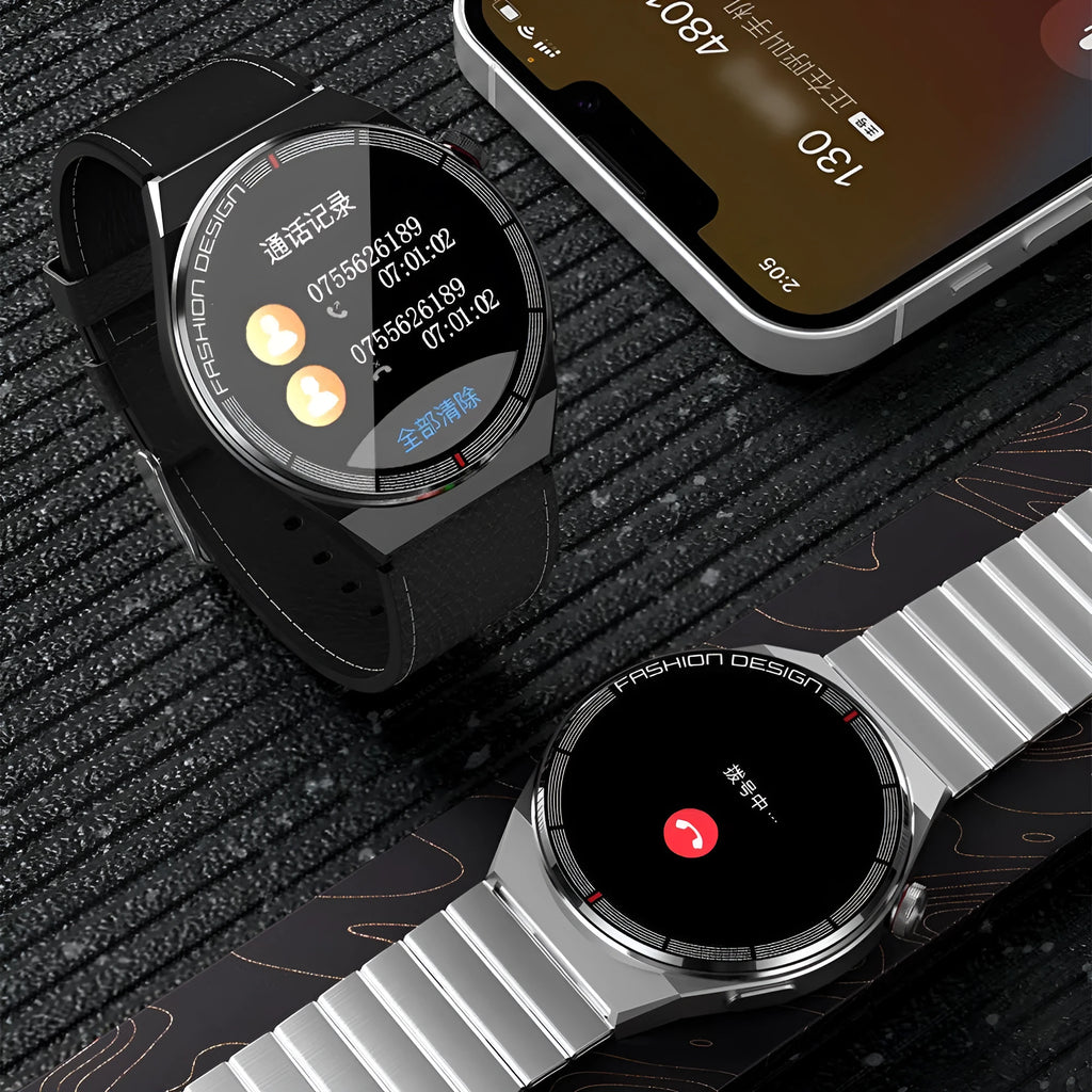 Black smartwatch with silicone strap showing heart rate and call interface on its 1.28-inch screen.