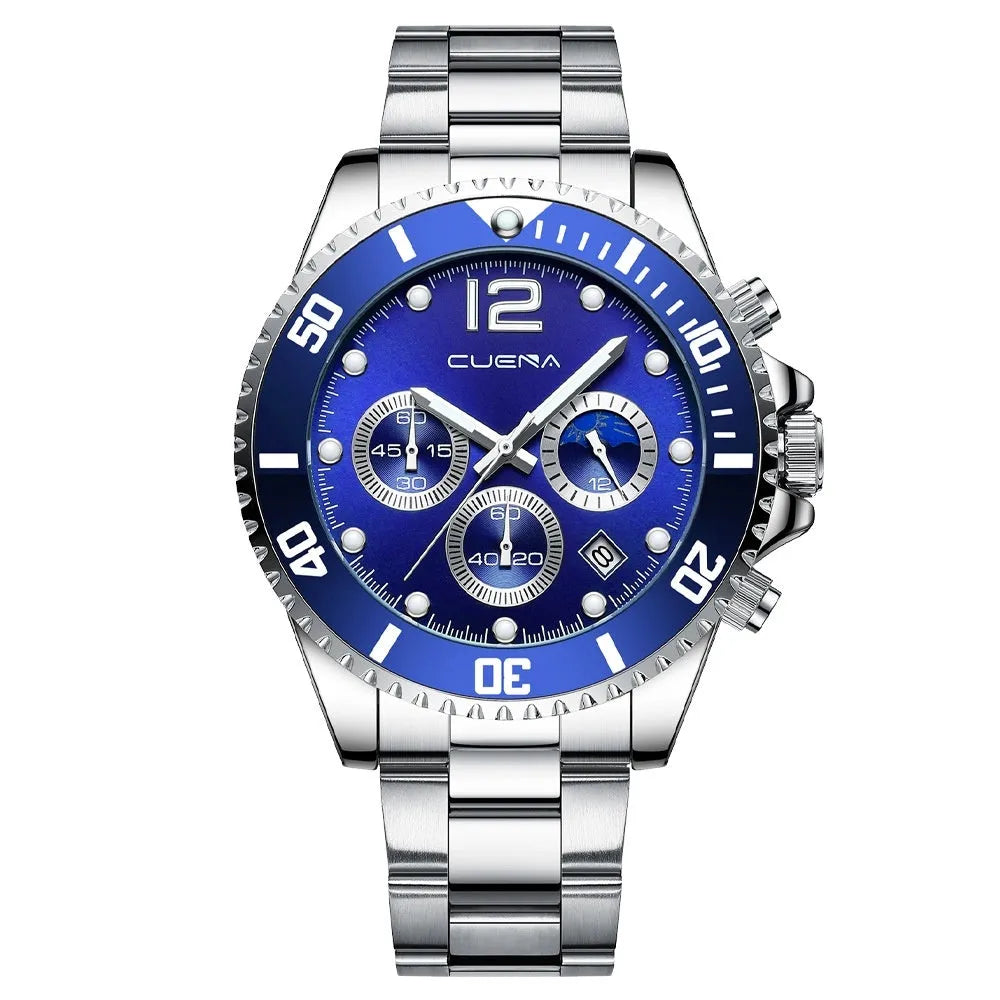 Stainless steel quartz watch with pointer display and calendar window