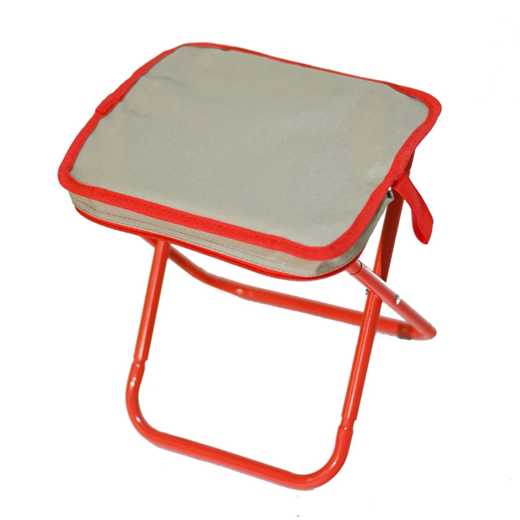 A folded Oxford cloth camp stool in a pencil box design, shown in khaki colour.