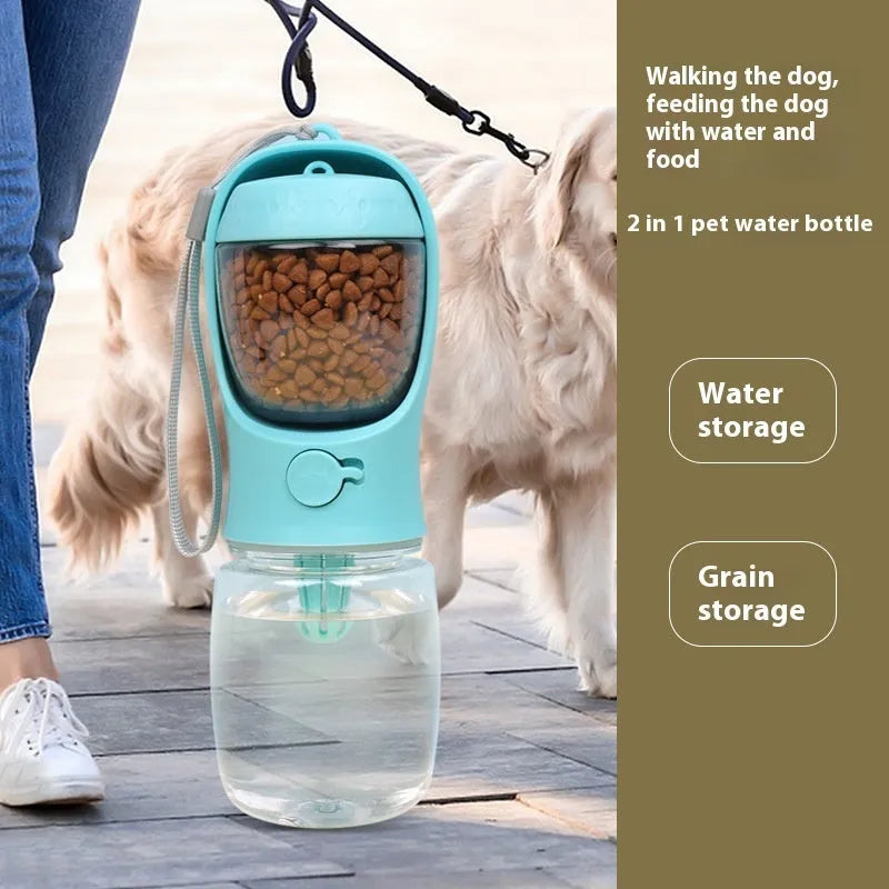 Portable dual-use dog drinking cup in blue colour with foldable design and water grain split