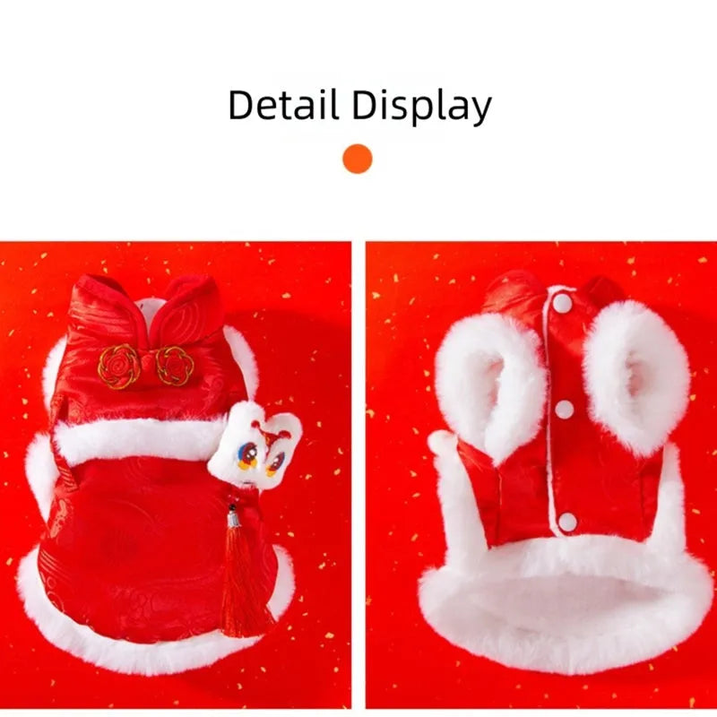 Red lion dance pet dog vest with 3D lion head ornament and golden buttons on white background