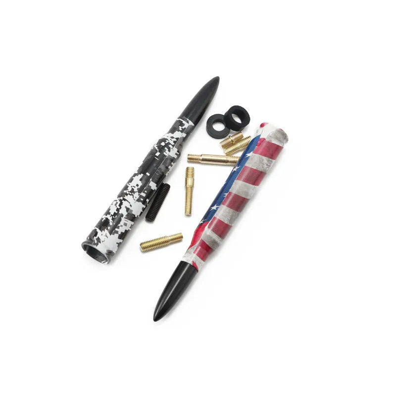 14cm bullet car antenna in camouflage green, American flag, and black colour options