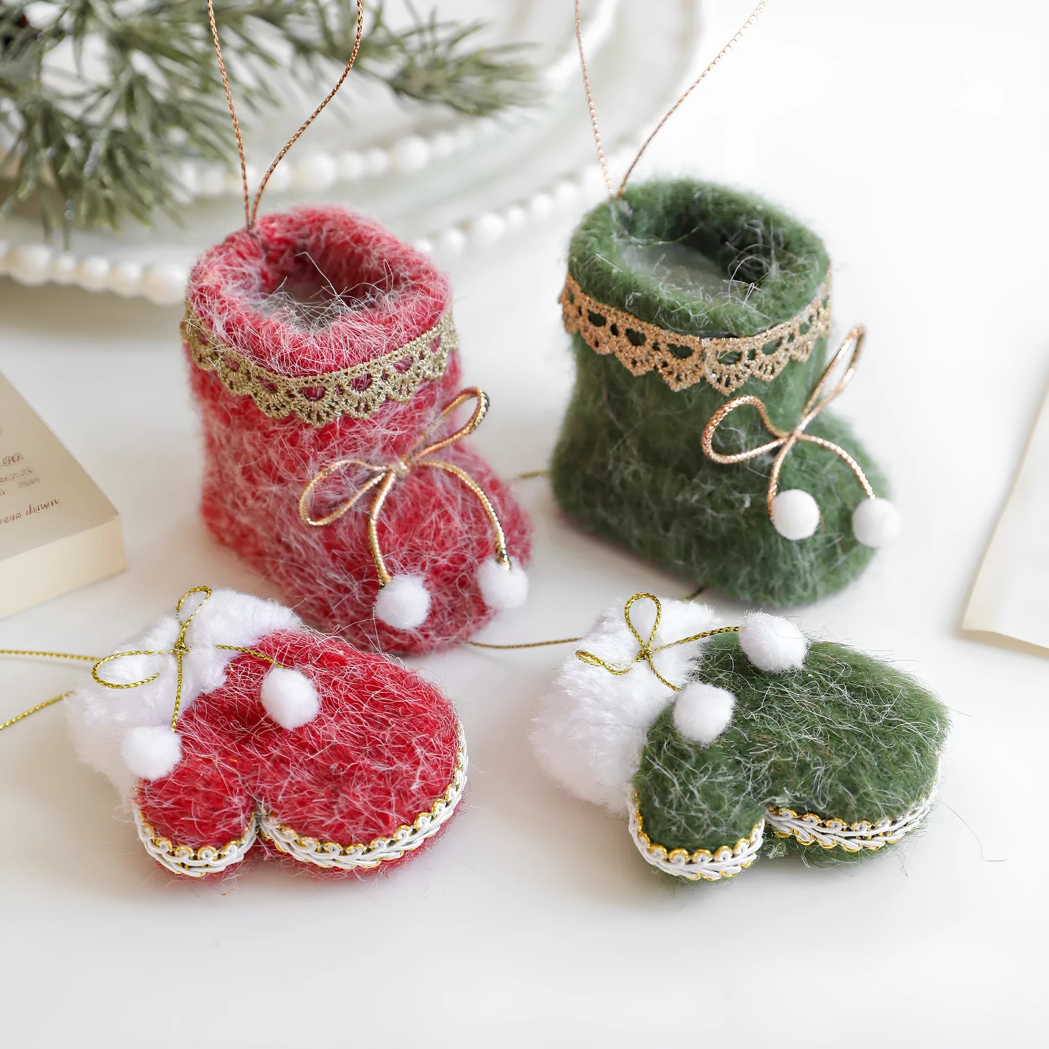 Plush fabric Christmas tree ornament shaped like a red boot with soft finish